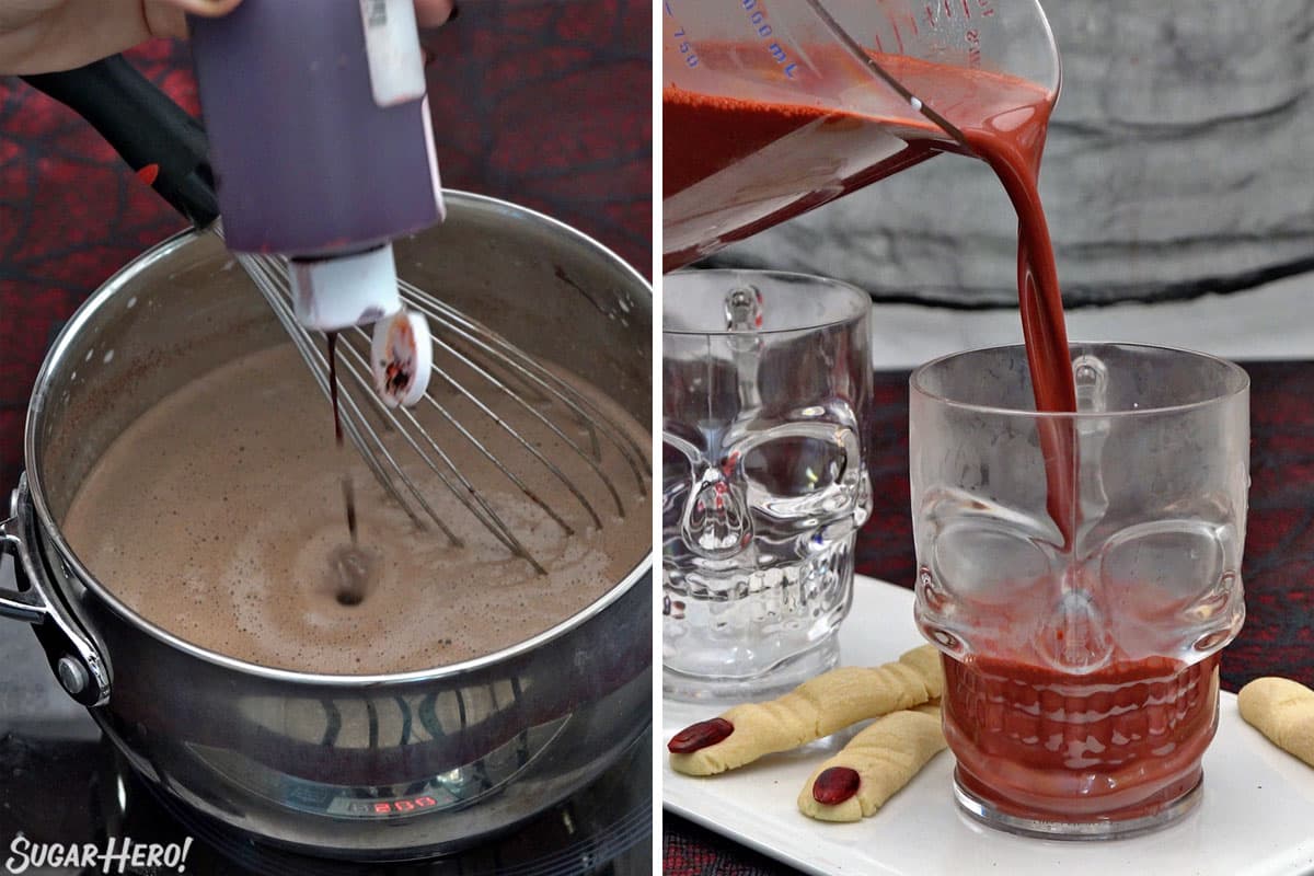 Two photo collage showing how to color and pour Red Velvet Hot Chocolate.