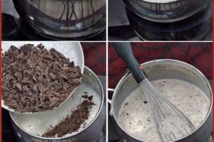 Six photo collage showing how to make Red Velvet Hot Chocolate.