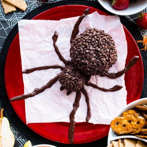 Spooky Spider Chocolate Cheese Ball on a red and black plate surrounded by other dippable food.