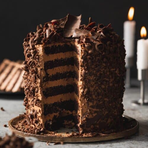 Chocolate cake with chocolate buttercream, covered in chocolate curls in front of a dark background.