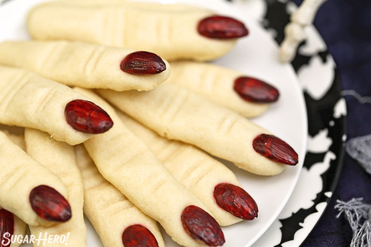 Close-up of Witch Finger Cookies with red almonds for finger nails.