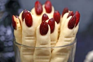 Photo of Witch Finger Cookies with text overlay for Pinterest.
