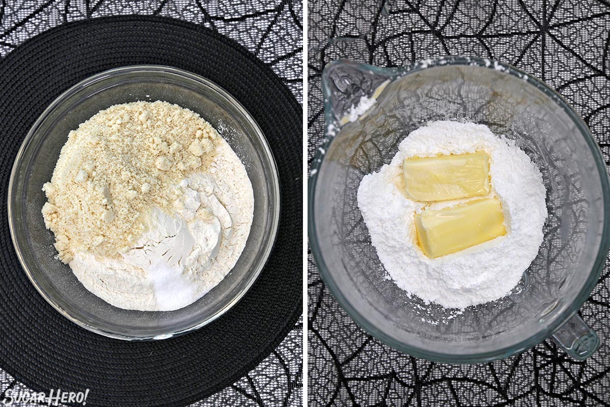 Two photo collage showing how to make the Witch Finger Cookies cookie dough.