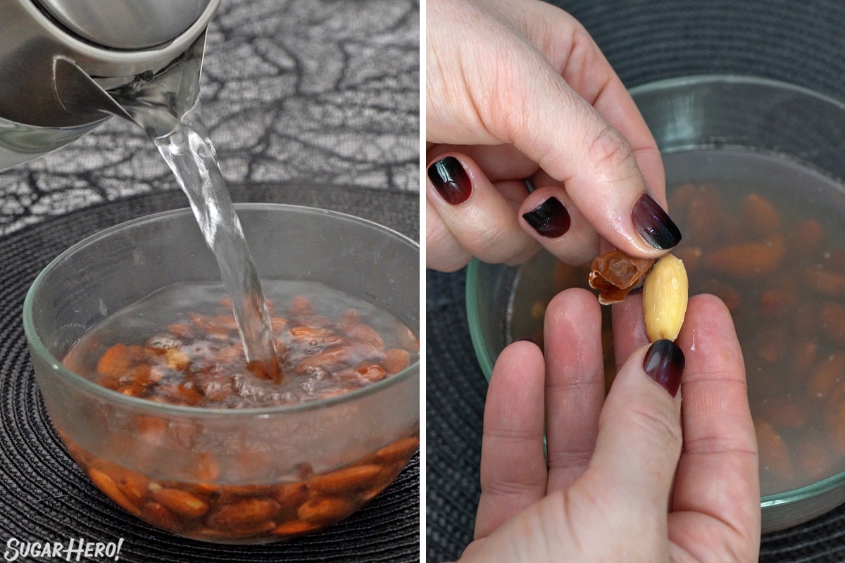Two photo collage showing how to blanch almonds.