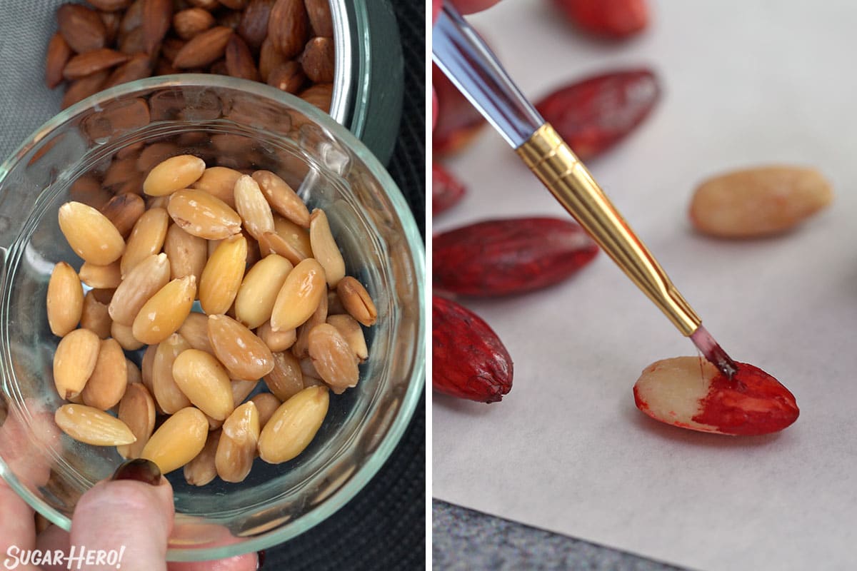 Two photo collage showing how to paint blanched almonds red.