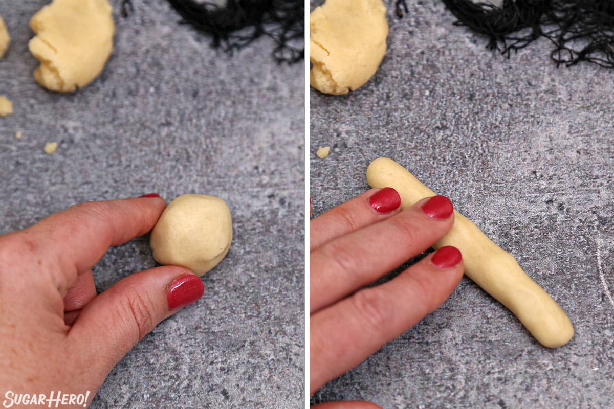 Two photo collage showing how to roll and shape Witch Finger Cookies.