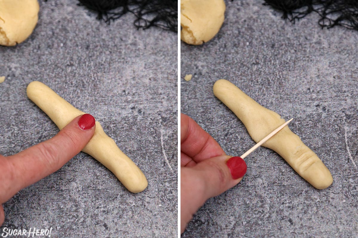 Two photo collage showing how to shape Witch Finger Cookies.
