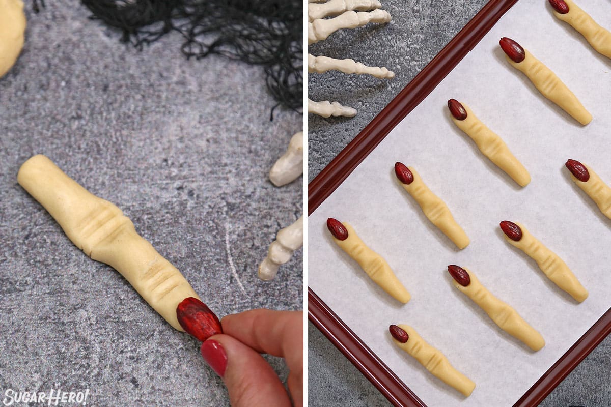 Two photo collage showing how to shape and bake Witch Finger Cookies.