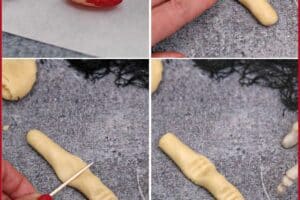 Six photo collage showing how to make Witch Finger Cookies.
