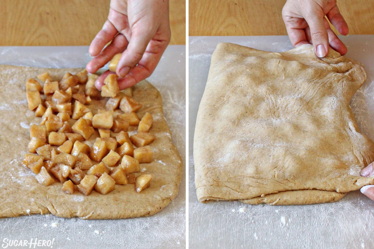Two photo collage showing how to fold the dough for Apple Cider Fritters.