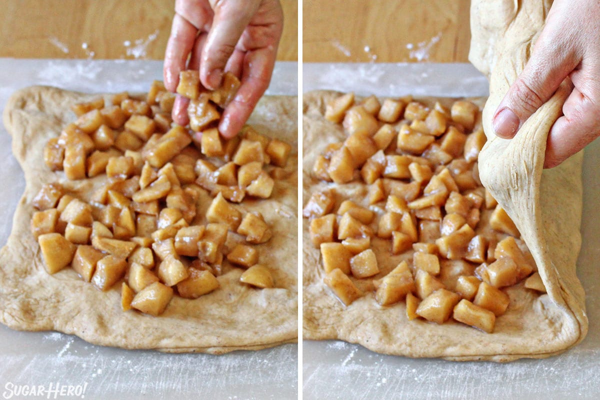 Two photo collage showing how to fold the dough for Apple Cider Fritters.