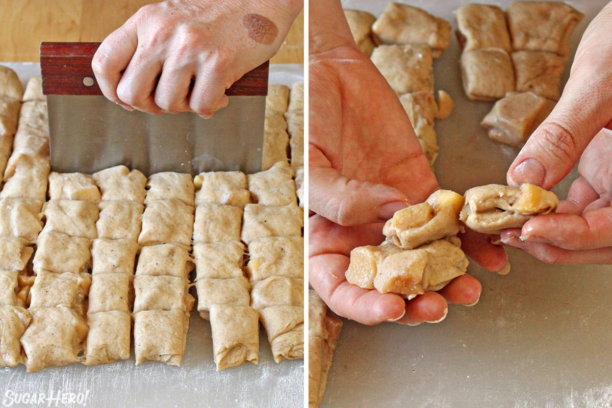 Two photo collage showing how to cut and shape the dough for Apple Cider Fritters.