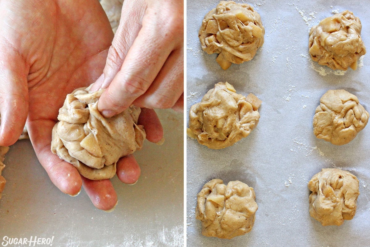 Two photo collage showing how to form Apple Cider Fritters into dough balls..