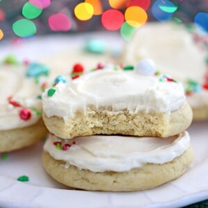 2 stacked Big Soft Sugar Cookies with a bite out of the top.
