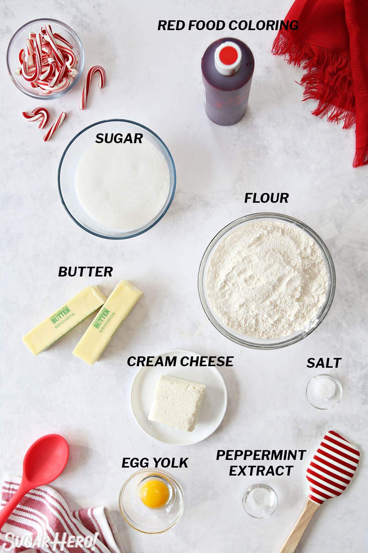 Overhead shot of ingredients needed to make Candy Cane Cookies.