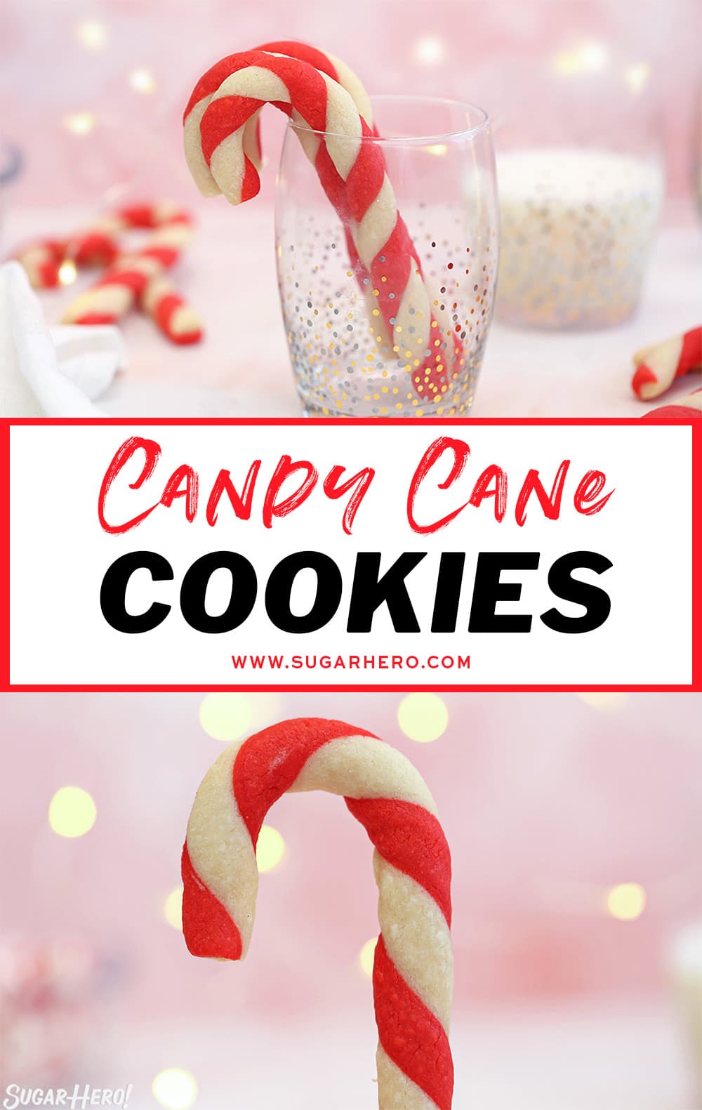 Two photo collage of Candy Cane Cookies with text overlay for Pinterest.