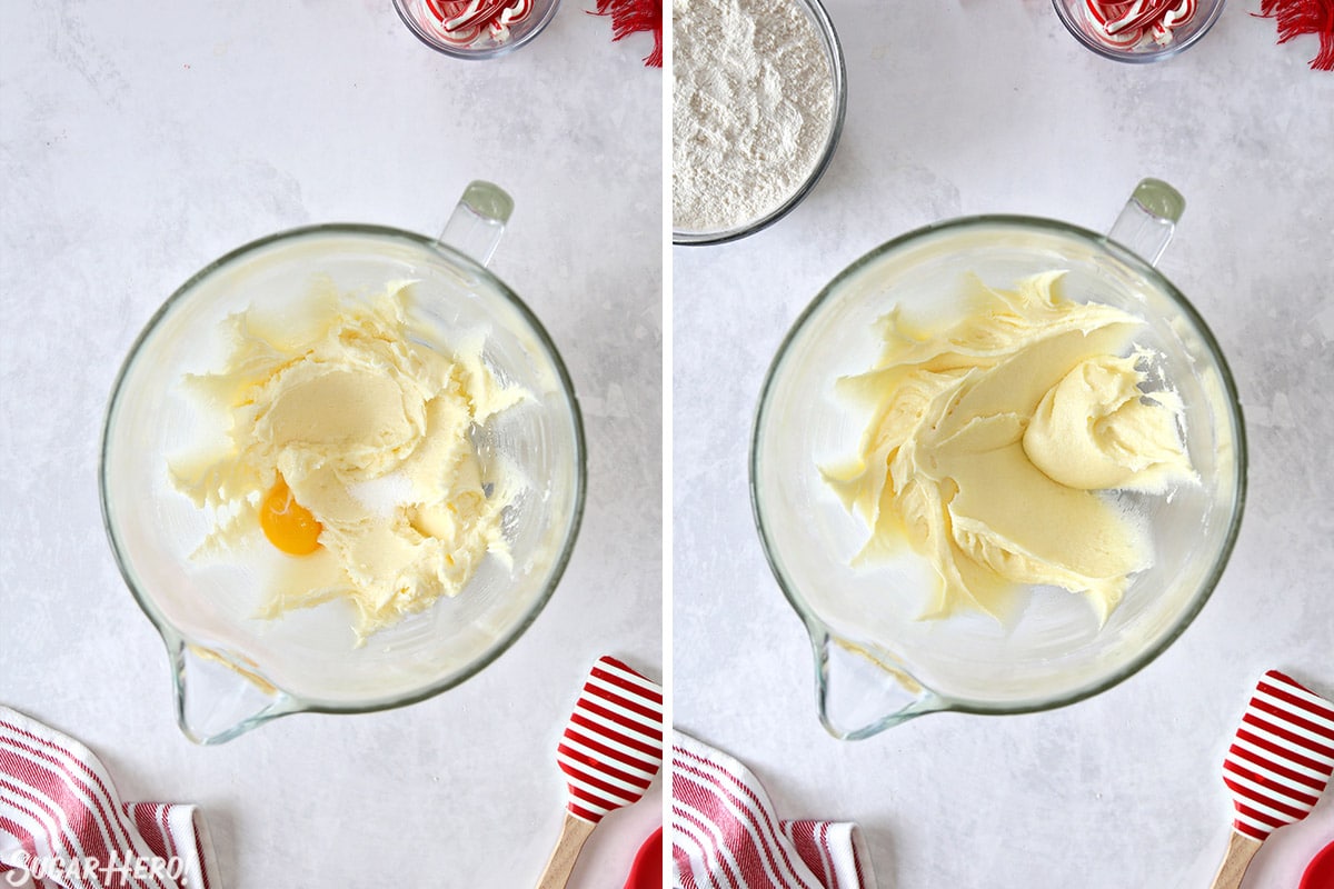 Two photo collage showing how to mix up the dough for Candy Cane Cookies.