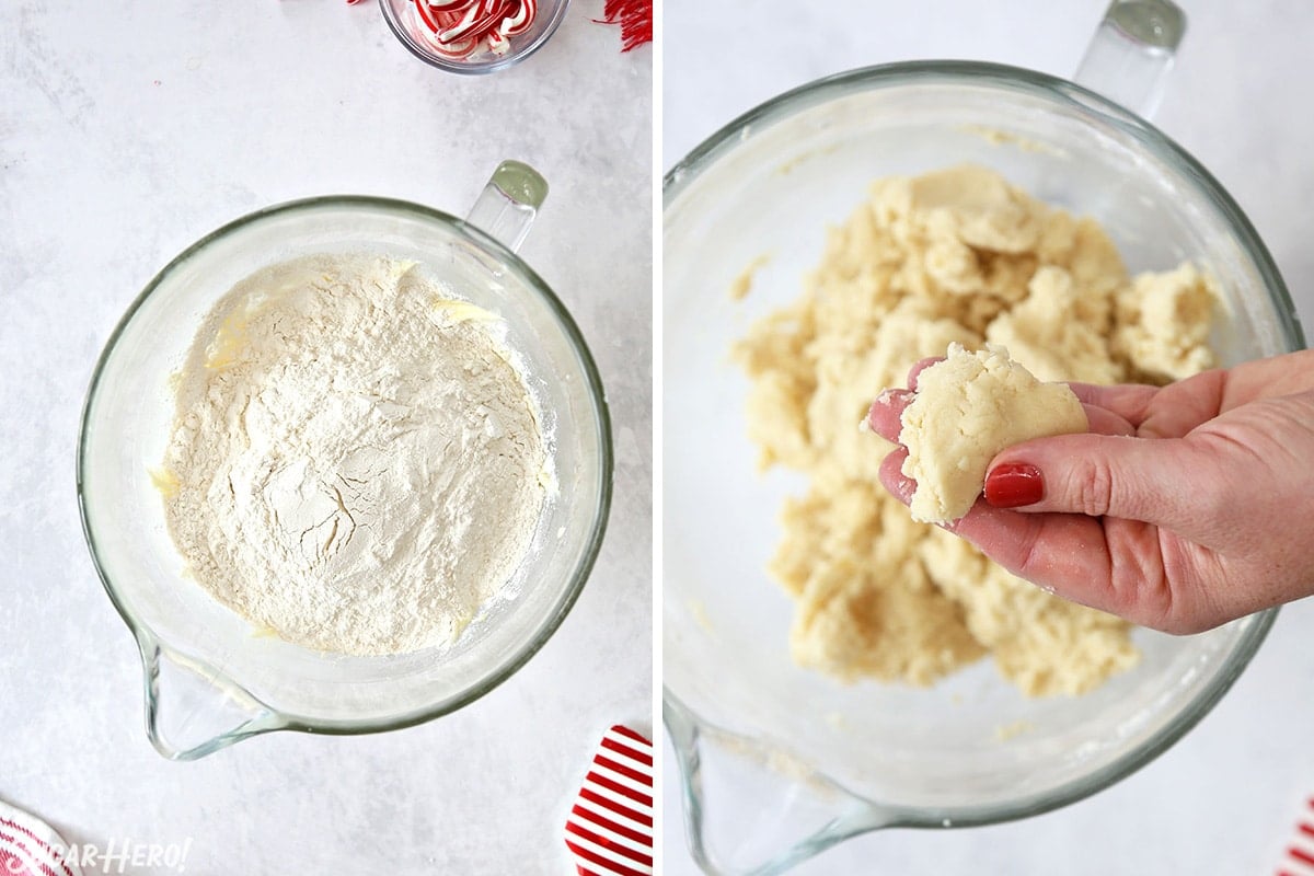 Two photo collage showing the desired texture for Candy Cane Cookie dough.