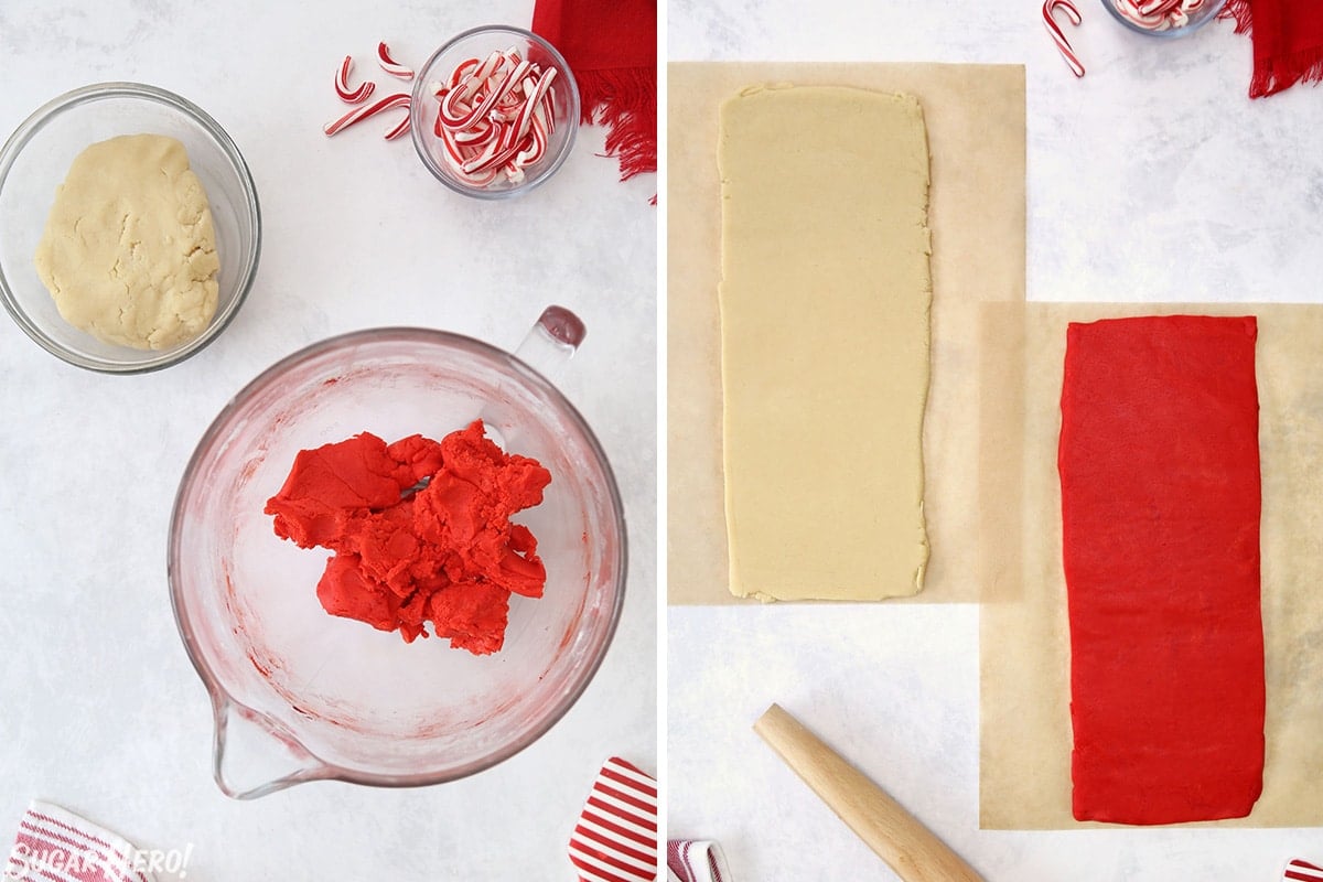 Two photo collage showing how to color and roll out the dough for Candy Cane Cookies.