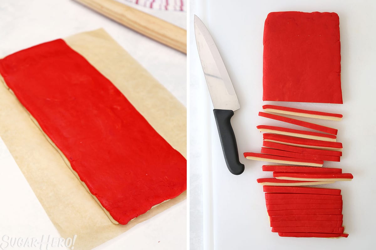 Two photo collage showing how to layer and cut dough for Candy Cane Cookies.