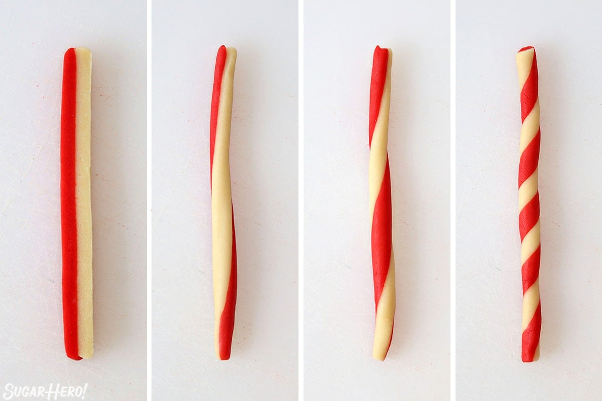 Four photo collage showing the progressing of shaping a Candy Cane Cookie.