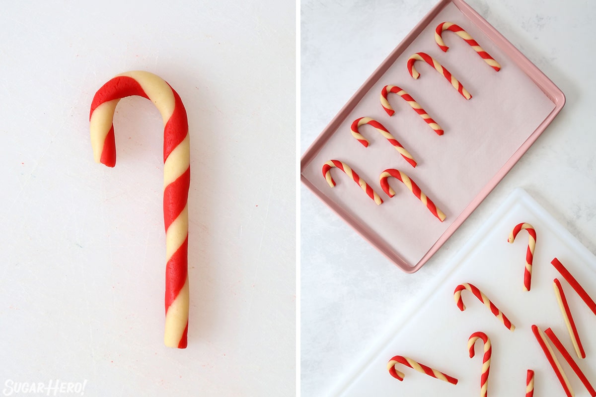 Two photo collage showing candy cane cookies before they are baked.