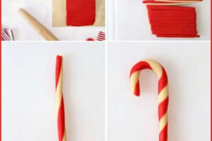 Six photo collage showing how to make Candy Cane Cookies.