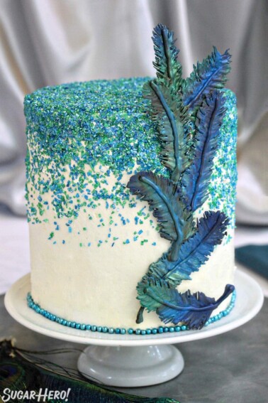 Cake with an assortment of blue and green chocolate feathers affixed to the side.