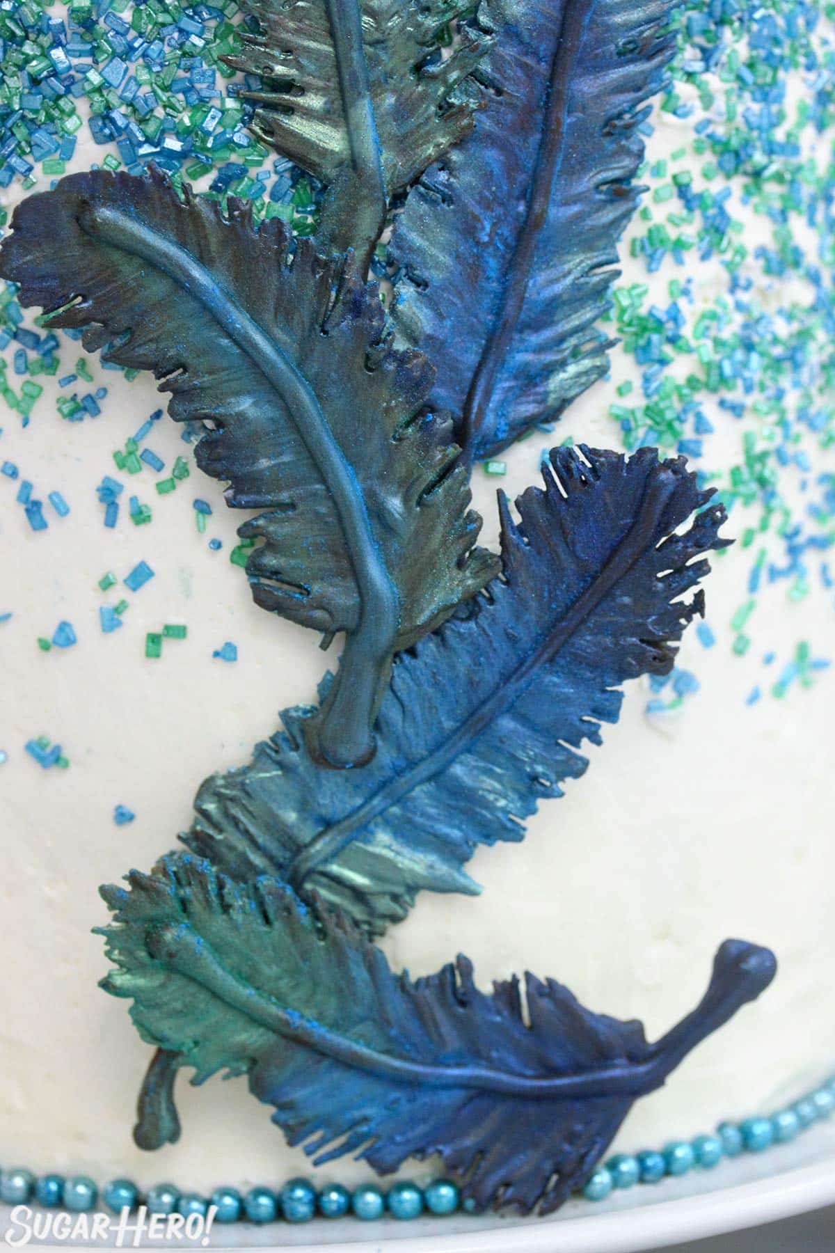 Close-up of blue and green chocolate feathers on a cake.