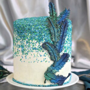Cake with an assortment of blue and green chocolate feathers affixed to the side.