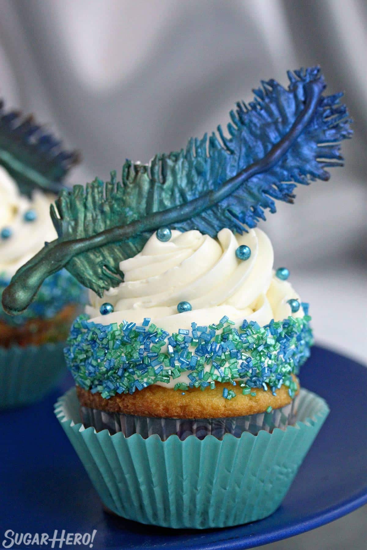 Cupcake on a blue plate with a blue-green chocolate feather on top.