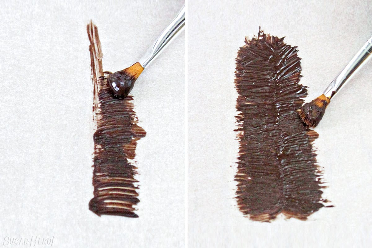 Two photo collage showing how to paint chocolate for Chocolate Feathers.
