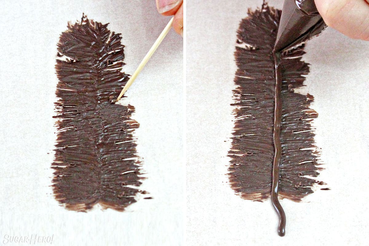 Two photo collage showing how to pipe chocolate feathers.