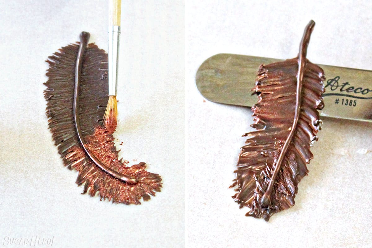 Two photo collage showing how to paint chocolate feathers with luster dust.