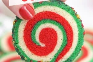 Photo of Christmas Pinwheel Cookies with text overlay for Pinterest.