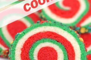 Photo of Christmas Pinwheel Cookies with text overlay for Pinterest.
