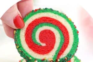 Photo of Christmas Pinwheel Cookies with text overlay for Pinterest.