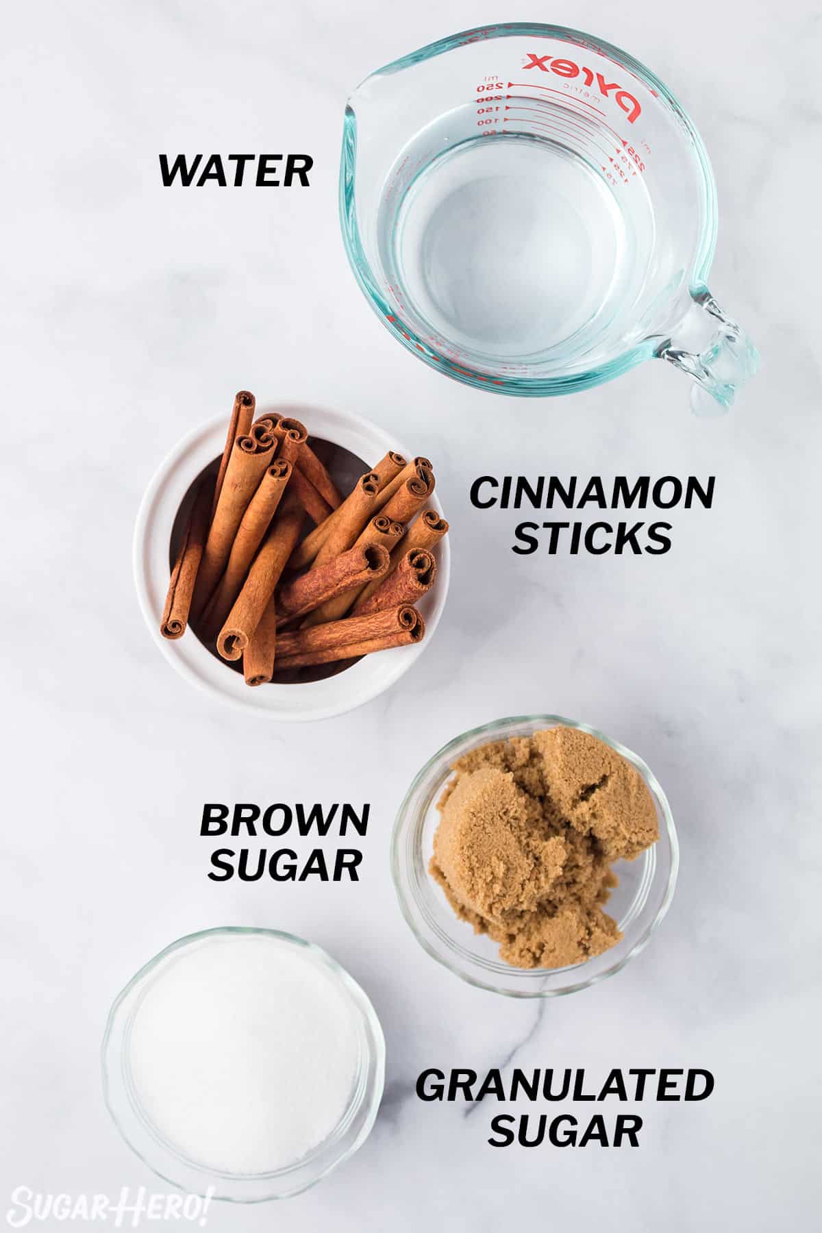 Overhead shot of ingredients needed to make Cinnamon Syrup.