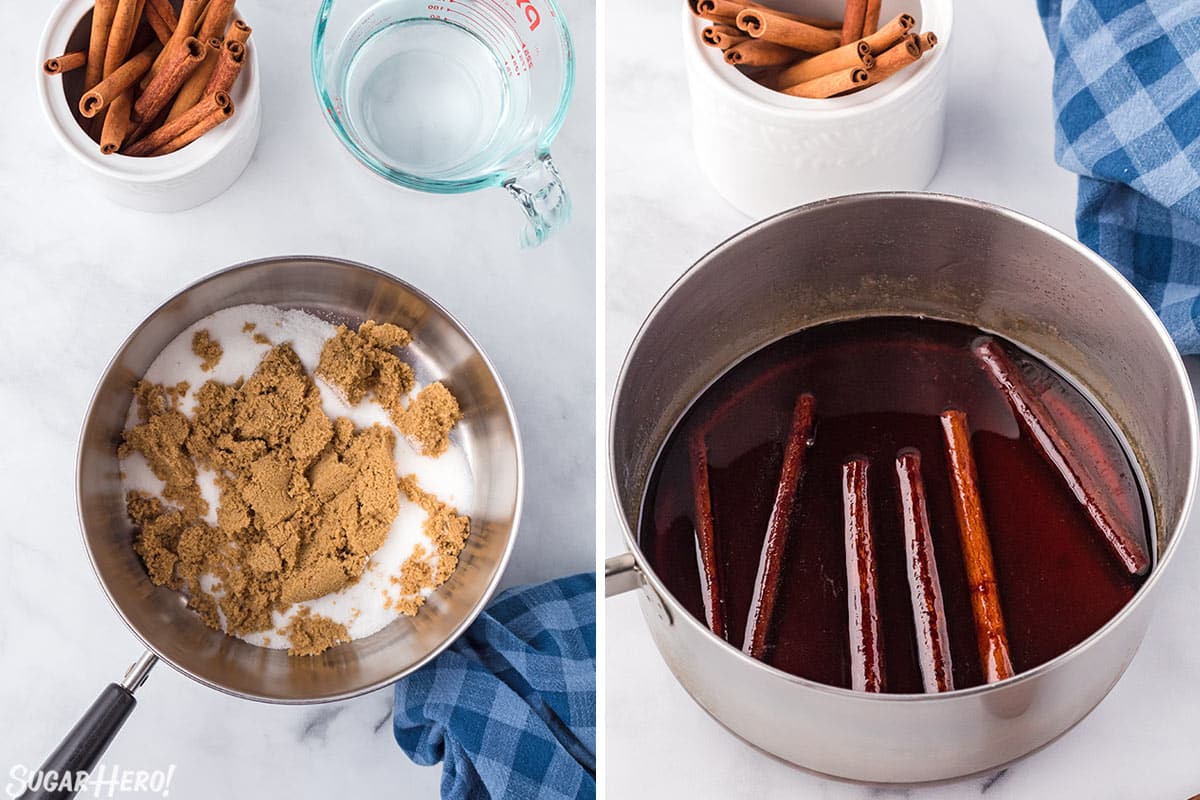 Two photo collage showing how to make Cinnamon Syrup in a saucepan.