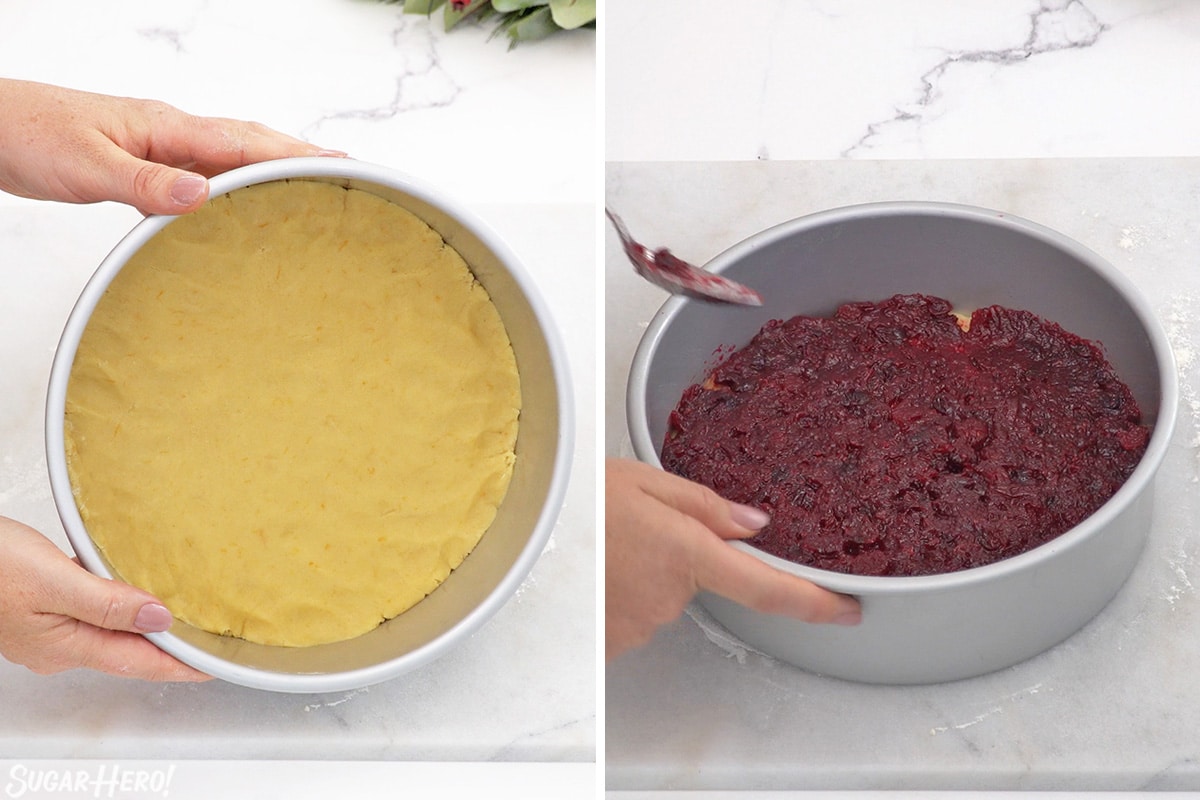 Two photo collage showing how to assemble a Cranberry Sauce Cake.
