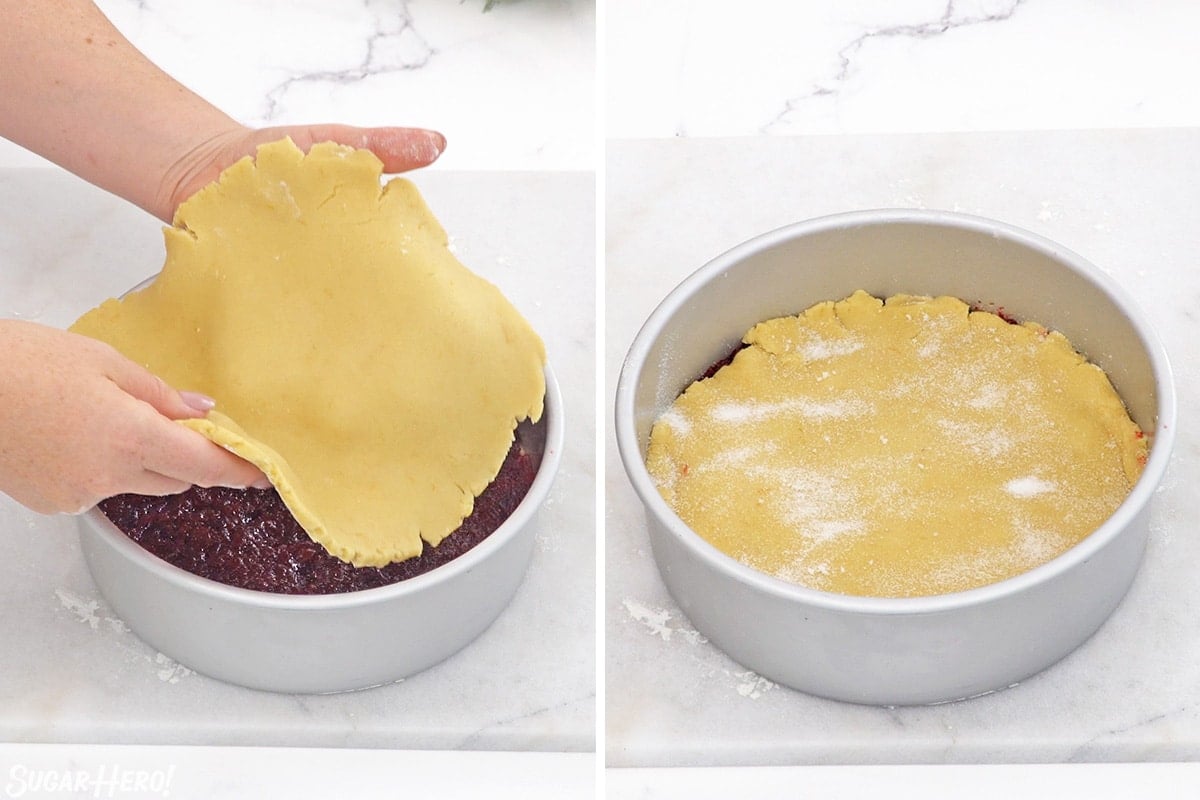 Two photo collage showing how to add top layer of dough to Cranberry Sauce Cake.