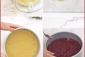 Six photo collage showing how to make Cranberry Sauce Cake.