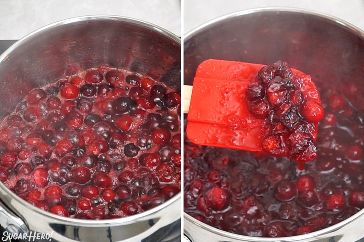 Two photo collage showing how to cook cranberry sauce.