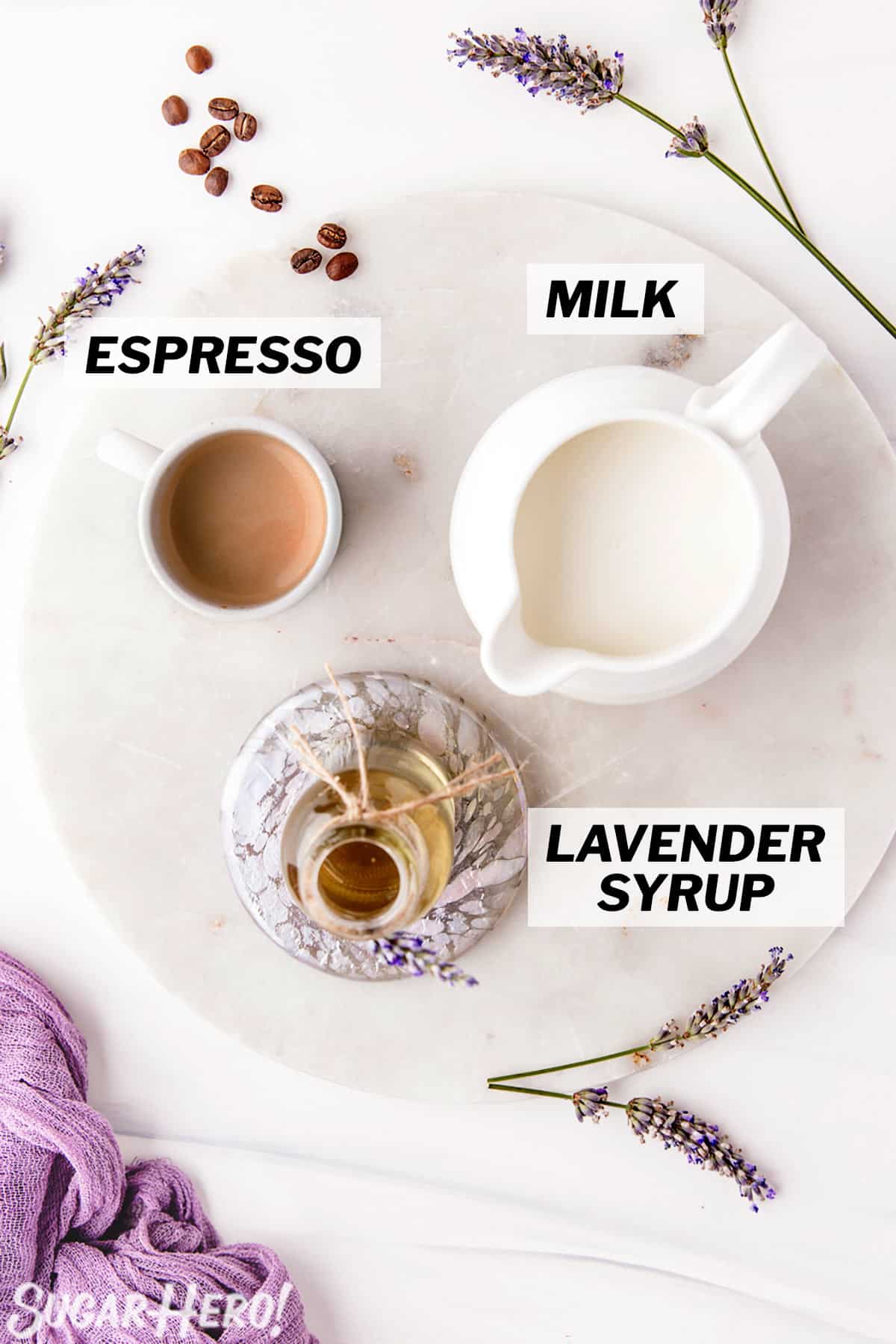 Overhead shot of ingredients needed to make Lavender Lattes.