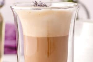 Photo of Lavender Latte with text overlay for Pinterest.