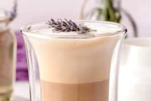 Photo of Lavender Latte with text overlay for Pinterest.