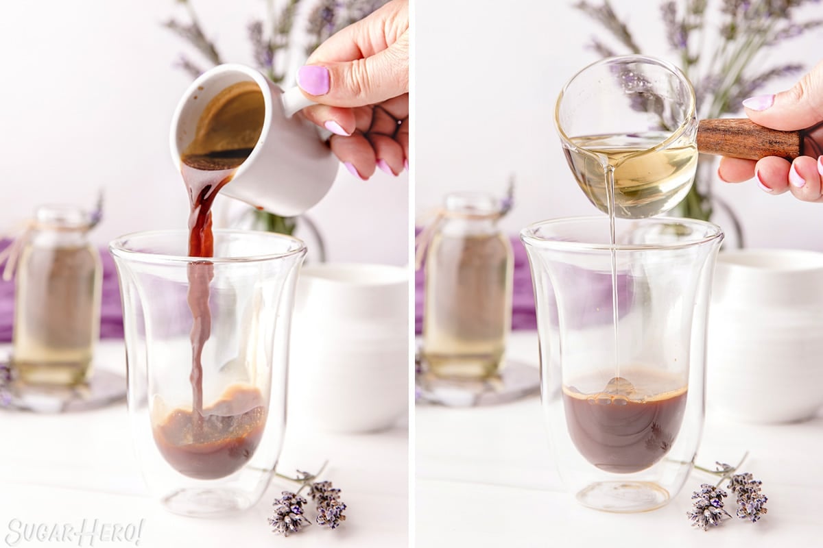 Two photo collage showing how to combine espresso and simple syrup to make a latte.
