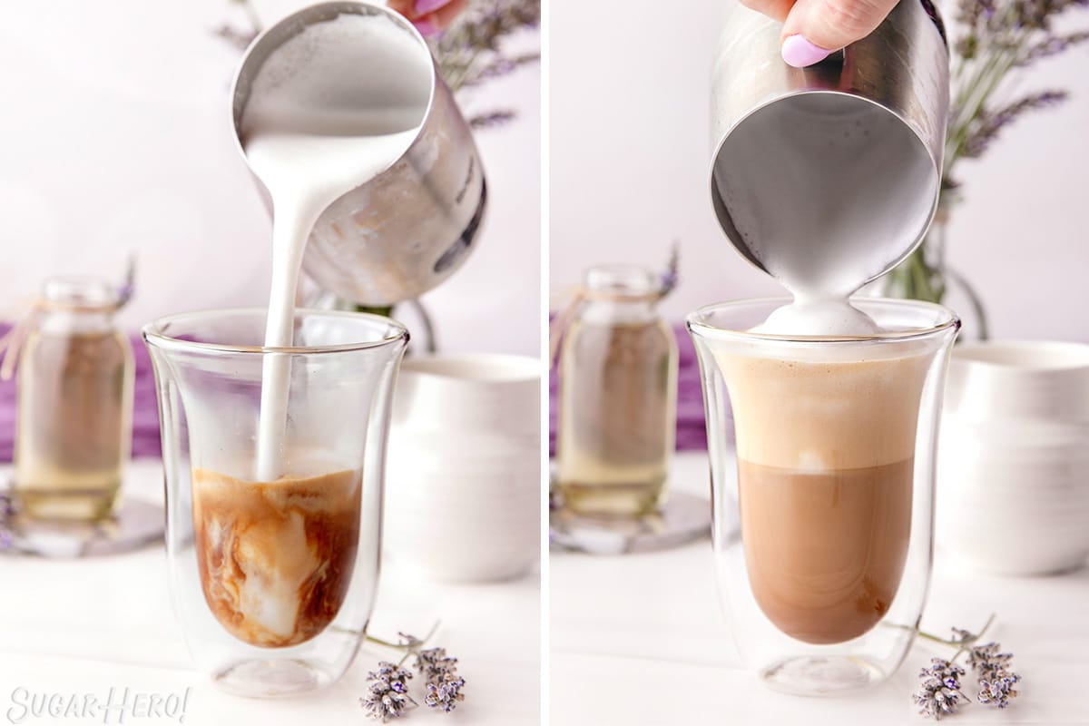 Two photo collage showing how to add milk and milk foam to make a latte.