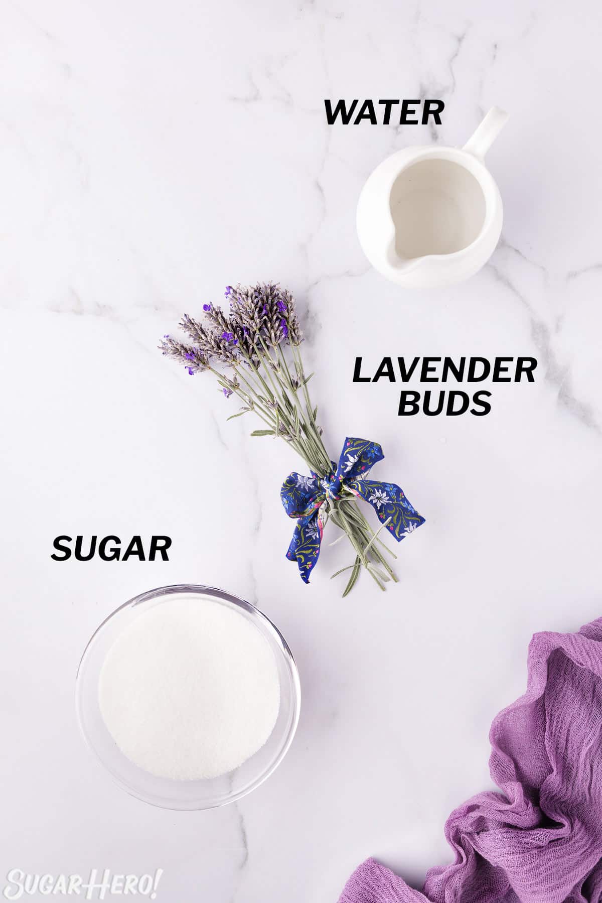 Overhead shot of ingredients needed to make Lavender Simple Syrup.
