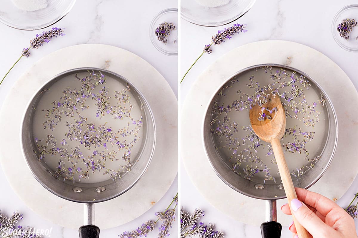 Two photo collage showing how to mix water, sugar, and lavender buds to make lavender syrup.